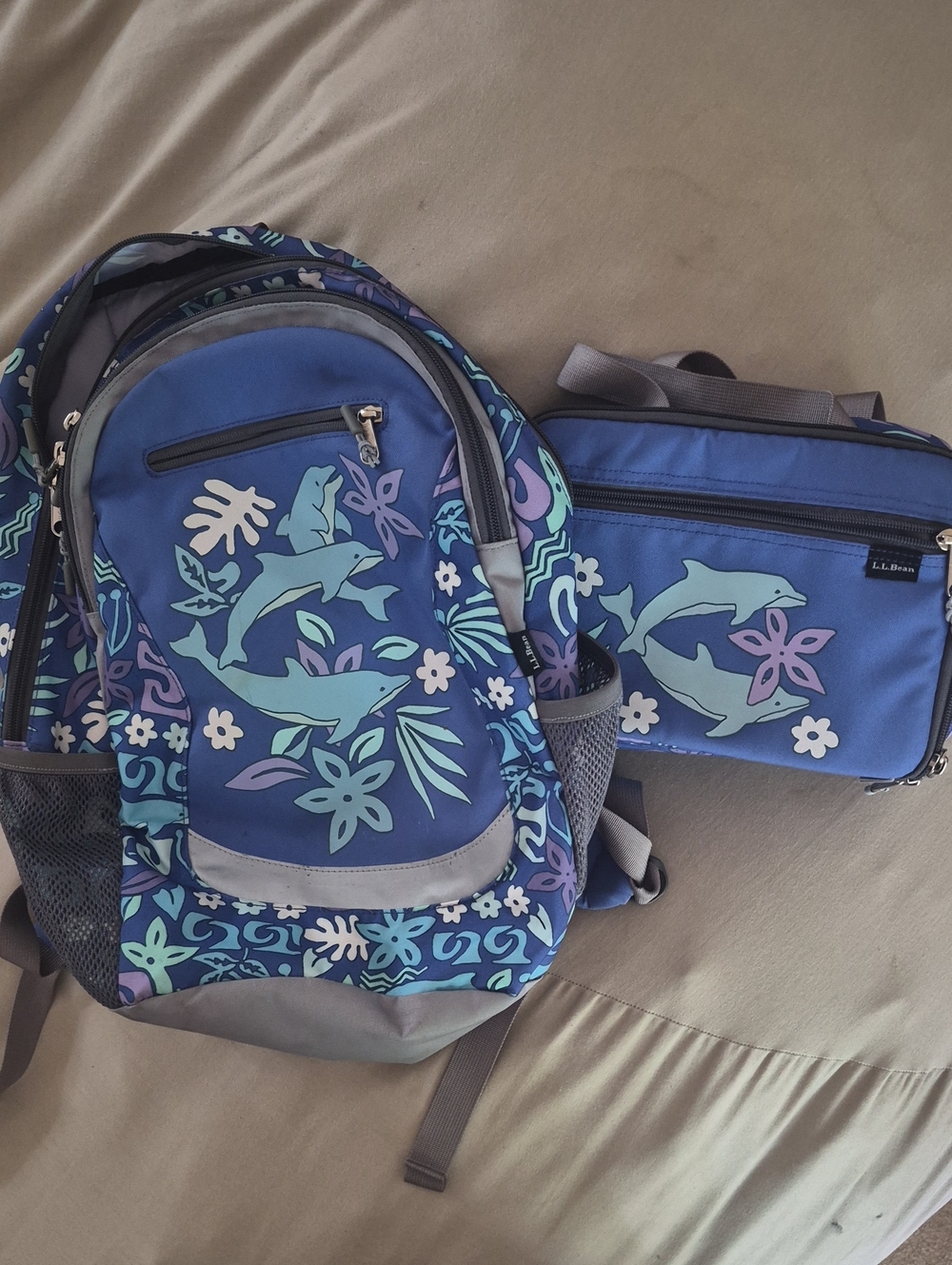 L.L. Bean Blue Dolphin Floral Backpack and Lunch Tote